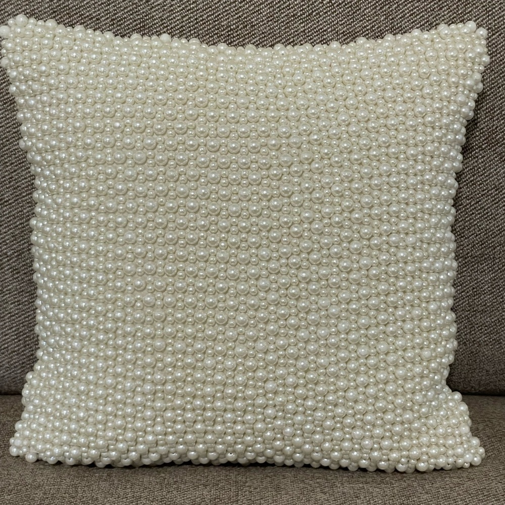 Ivory Faux Pearl Beaded Square Accent Pillow 11x11 Satin Back Glam Decor